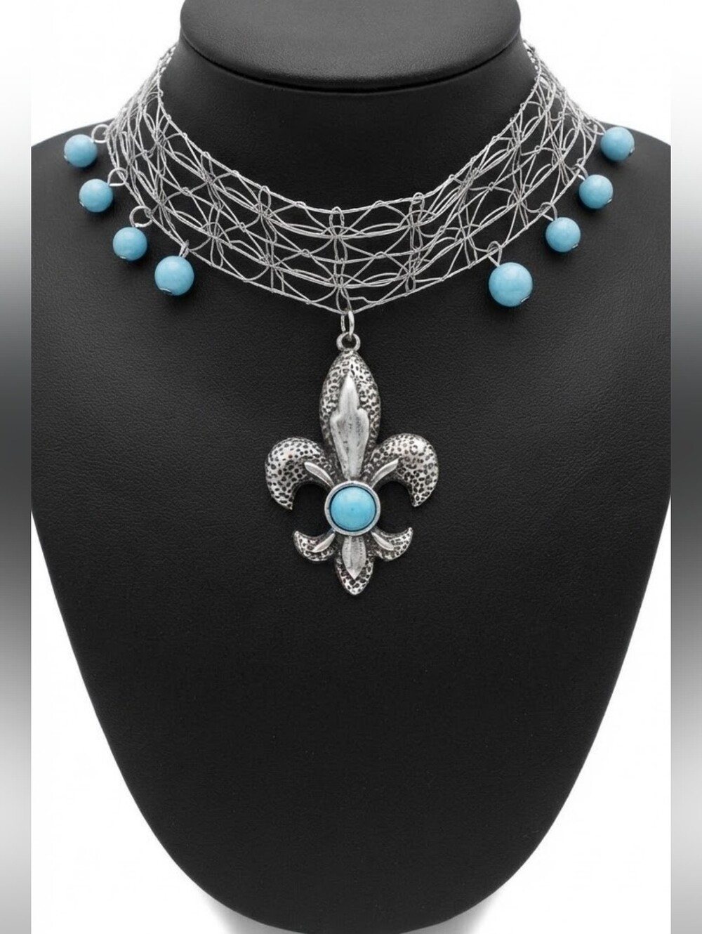 Silver Wire Mesh Choker Turquoise Fleur de Lis Necklace w/ 5.25" Extender
